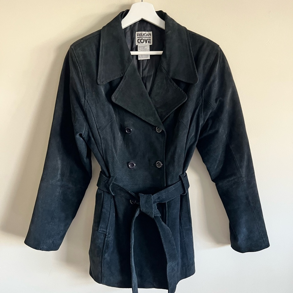 Vintage Y2K Pelican Cove navy blue suede leather trench coat size small